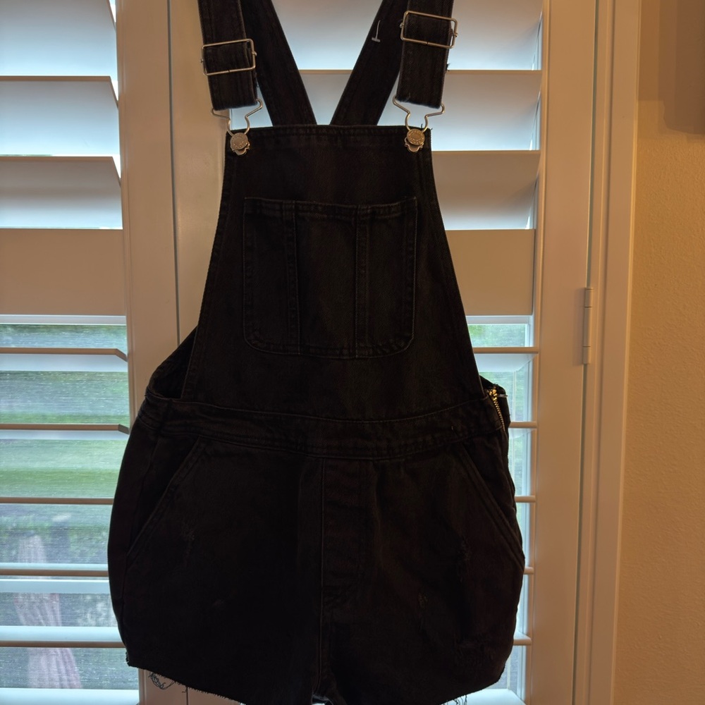 Denim Co. Short Overalls Distressed Black Jean Raw Edge Cutoffs Size 4